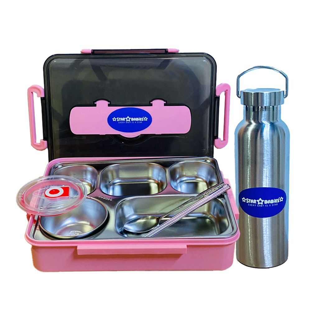 Star Babies - Lunch Box With 5 Compartments, Water Bottle - Pink/Silver - 600 ml