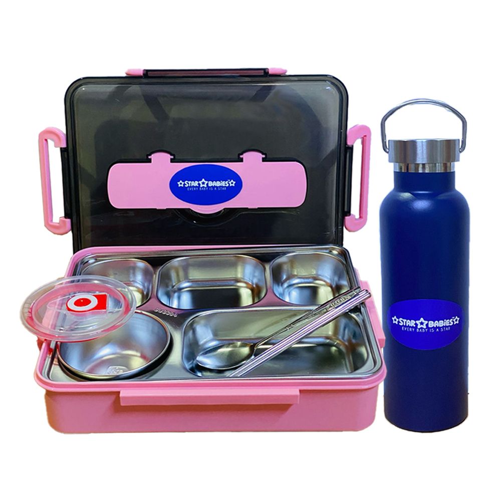 Star Babies - Lunch Box With 5 Compartments, Water Bottle - Pink/Blue - 600 ml