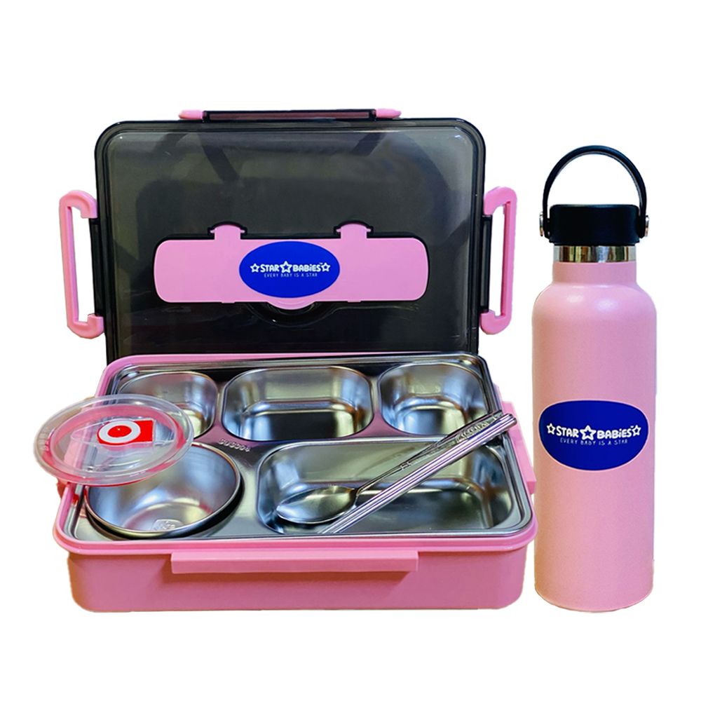 Star Babies - Lunch Box With 5 Compartments, Water Bottle - Pink - 600 ml