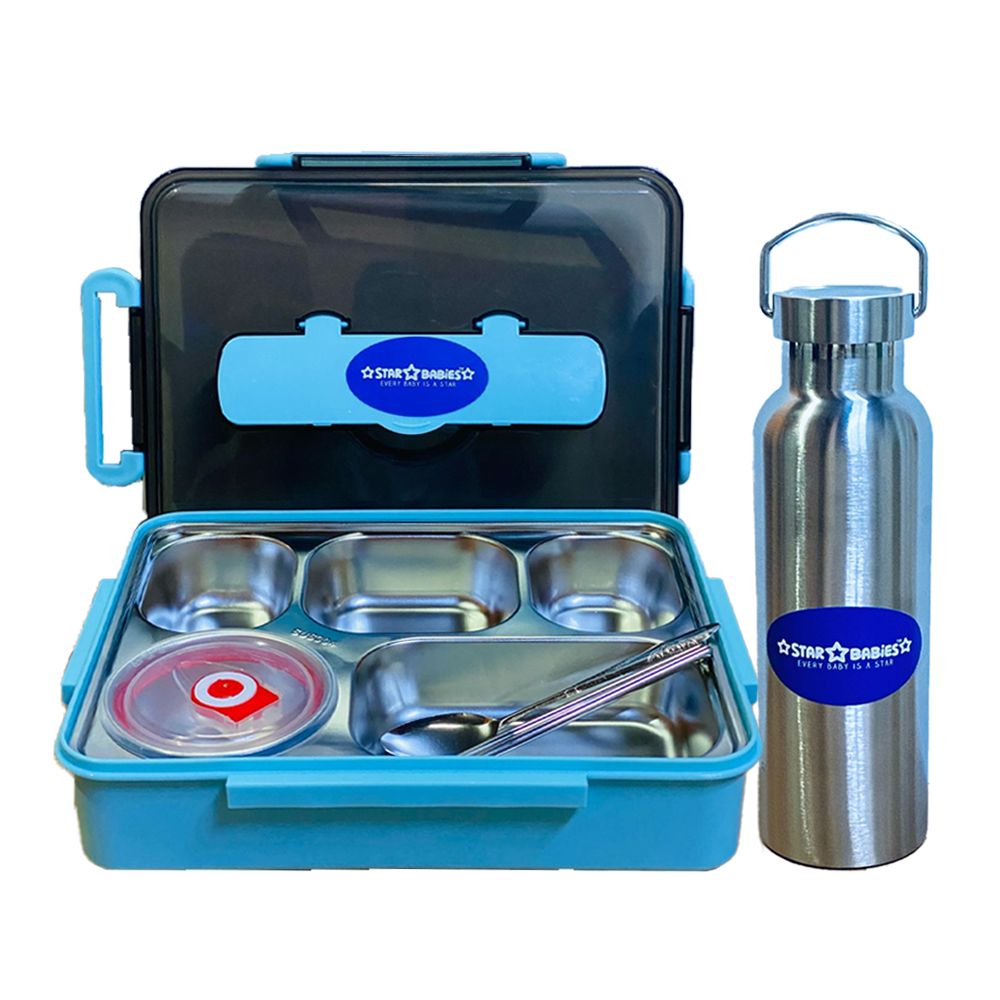Star Babies - Lunch Box With 5 Compartments, Water Bottle - Blue/Silver - 600 ml
