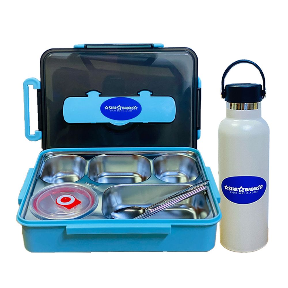 Star Babies - Lunch Box With 5 Compartments, Water Bottle - Blue/White - 600 ml