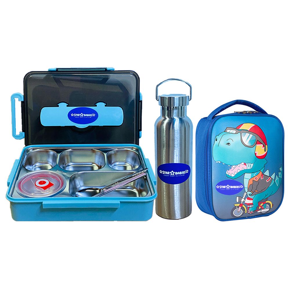 Star Babies - Lunch Box With 5 Compartments, Dino Lunch Bag, Stainless Steel Water Bottle - Blue - 600 ml