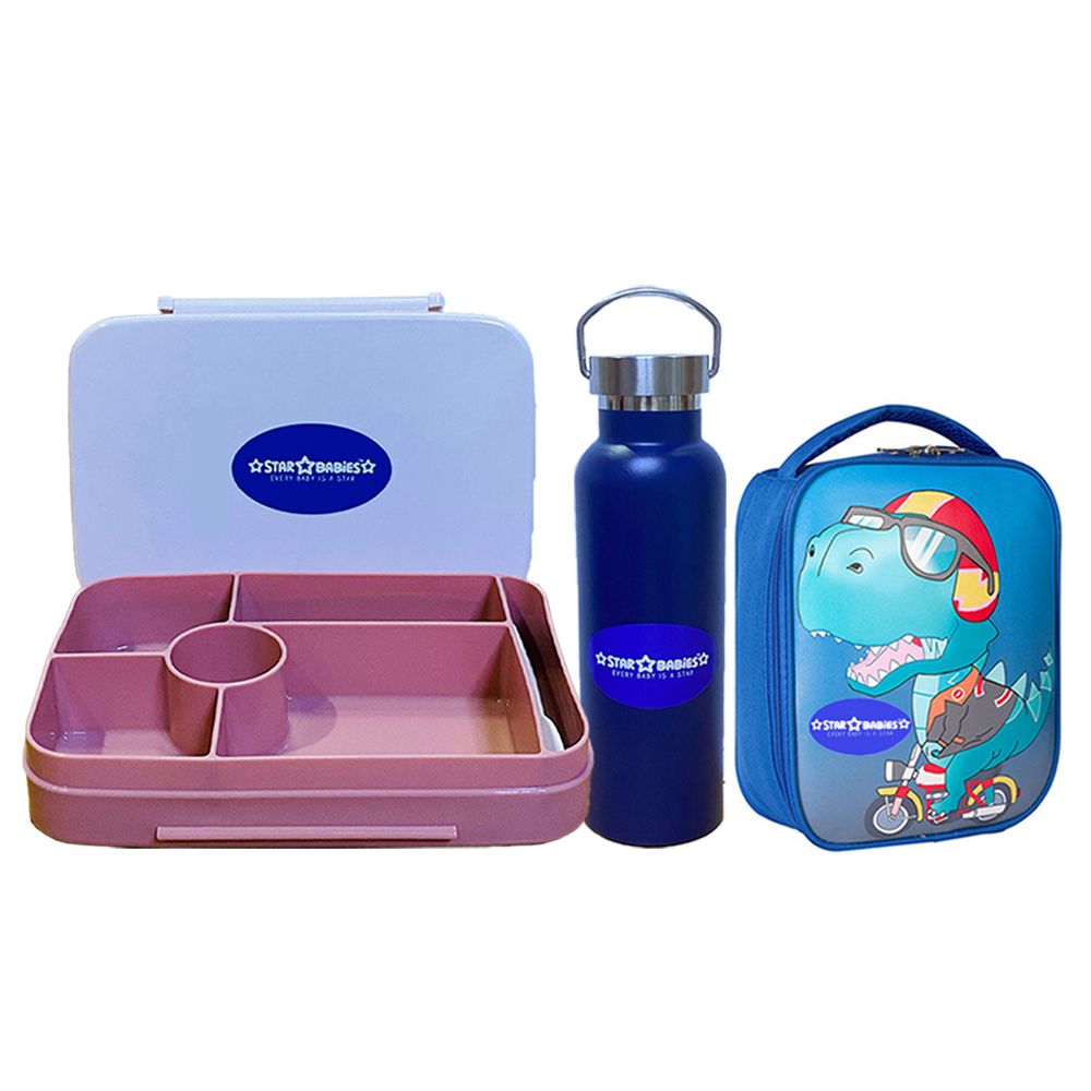 Star Babies - Lunch Box With 4 Compartments, Lunch Bag, Stainless Steel Water Bottle - Blue/Pink - 600ml