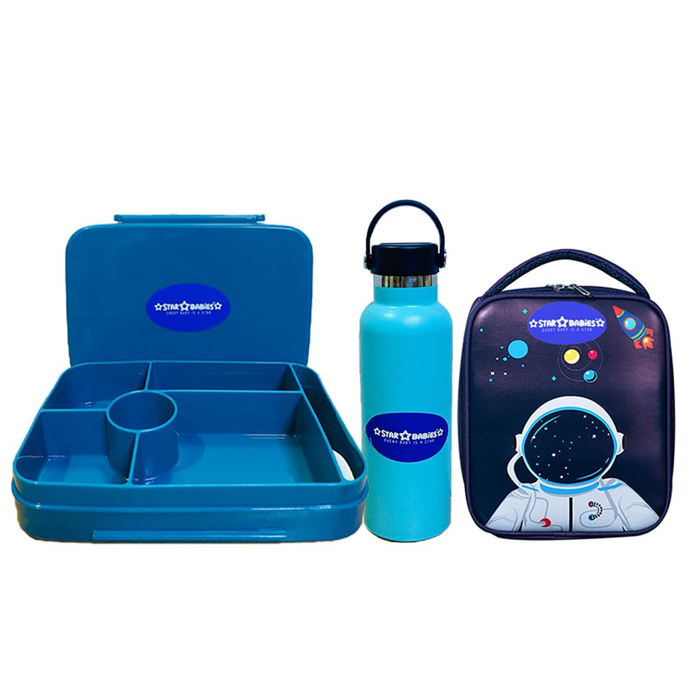 Star Babies - Lunch Box With 4 Compartments, Astronaut Lunch Bag, Stainless Steel Water Bottle - Blue - 600ml