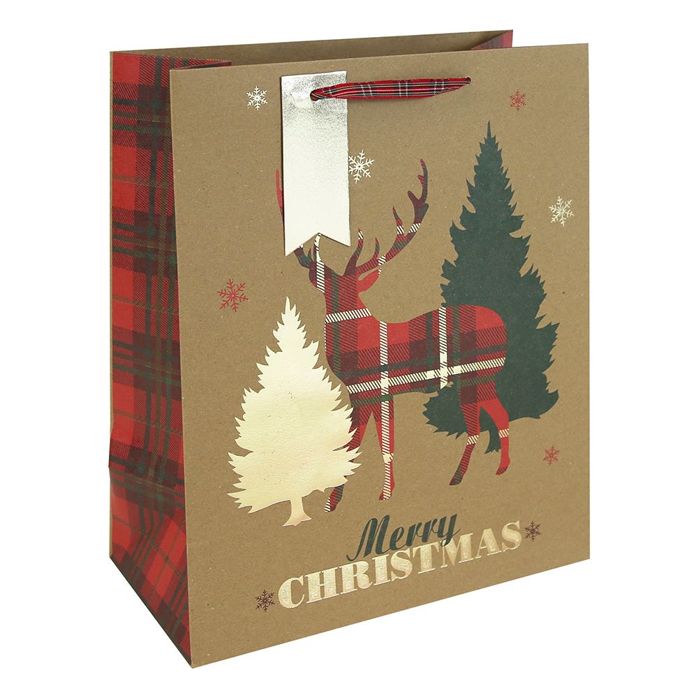 Eurowrap Tartan Stag Kraft Gift - Bag - Brown - Large