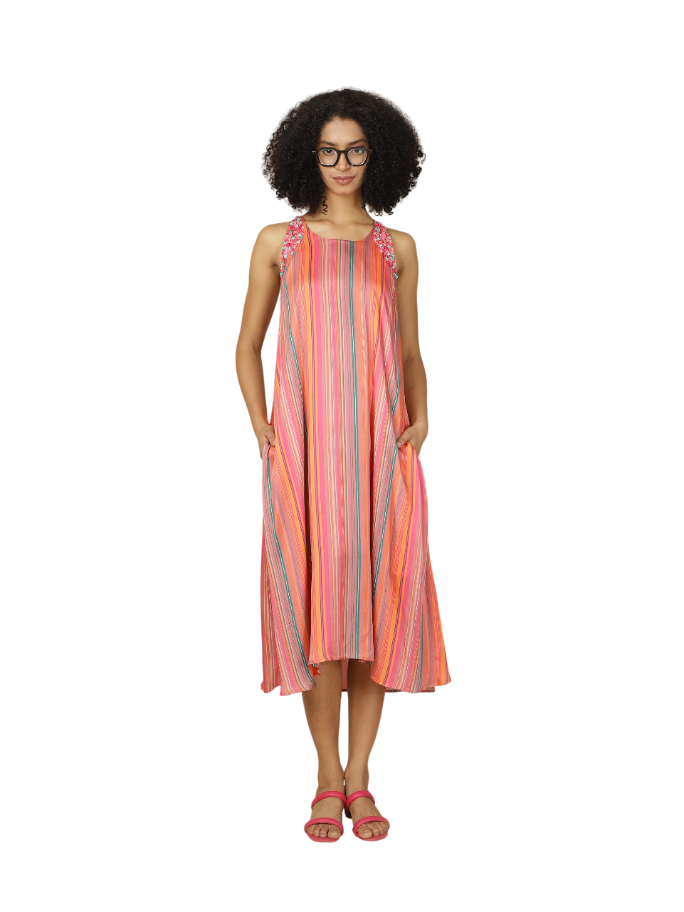 Jhurmut - Women's Striped Petal Pop Dress - Orange