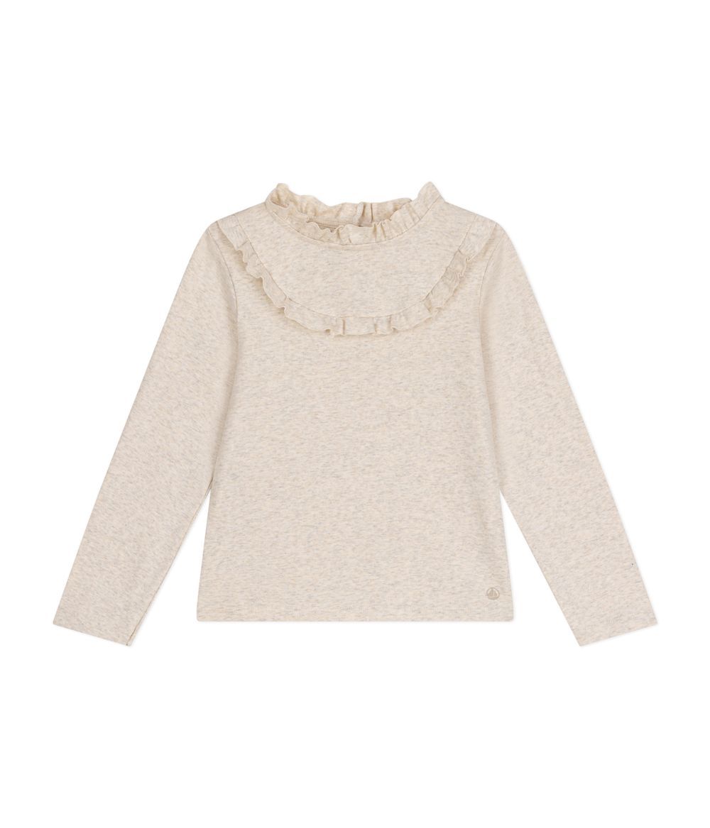 PETIT BATEAU - Girls' Longsleeve Ribbed Tee Shirts  - Montelimar Chine Beige
