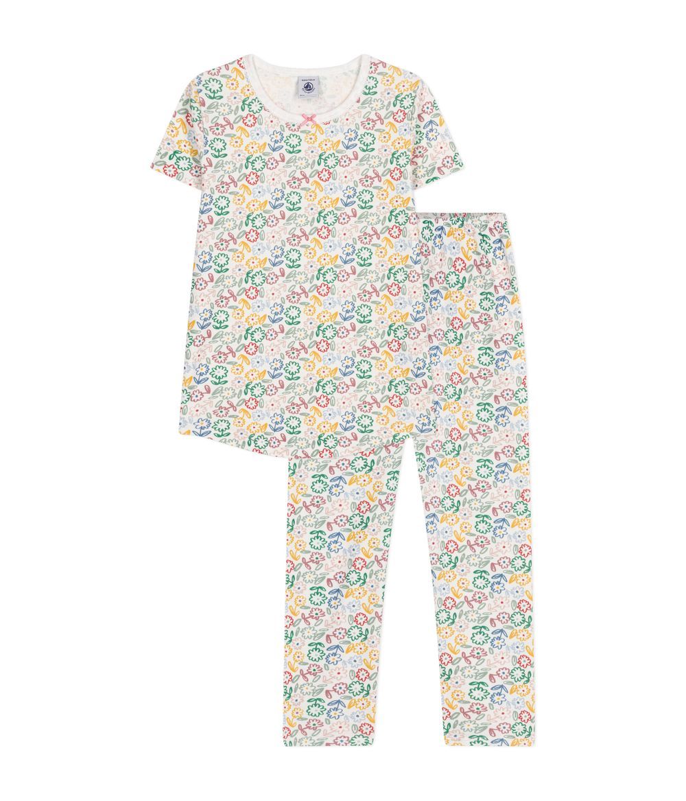 PETIT BATEAU - Children's Floral Print Cotton Pyjamas - Marshmallow White/Multicolor