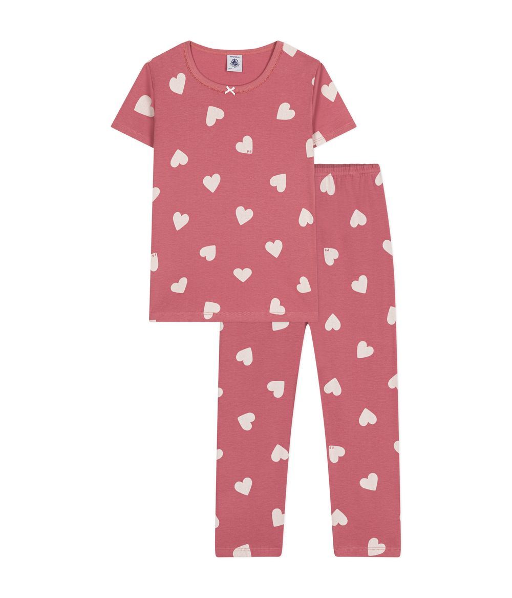 PETIT BATEAU - Children's Heart Print Pattern Cotton Pyjamas - Rosewood/Avalanche Pink/White