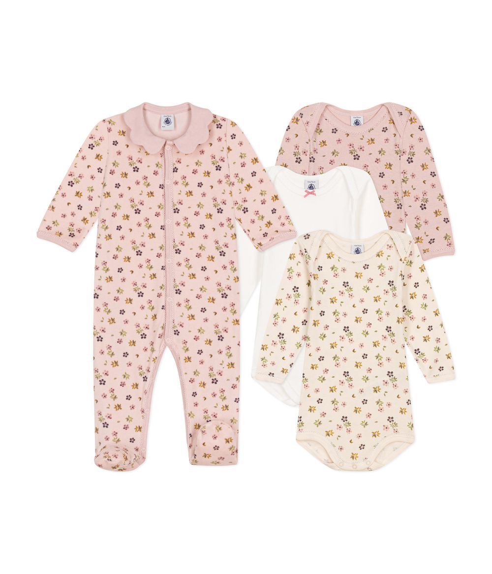 Petit Bateau - Babies' Gift Set - Pyjamas And Three Floral Bodysuits