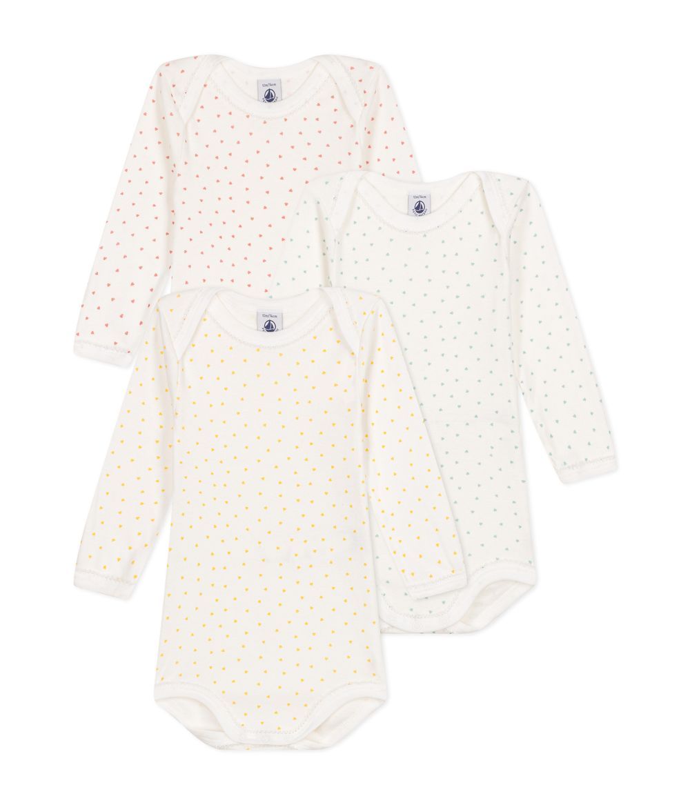 Petit Bateau - 3pc-Set - Babies' Heart Patterned Long-Sleeved Cotton Bodysuits