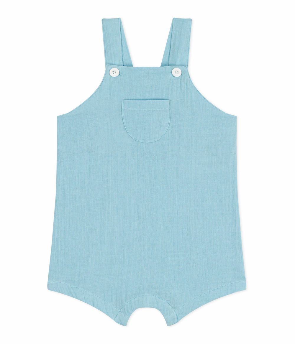 Petit Bateau - Babies' Short-legged Plain Cotton Gauze Dungarees - Aquatic Blue