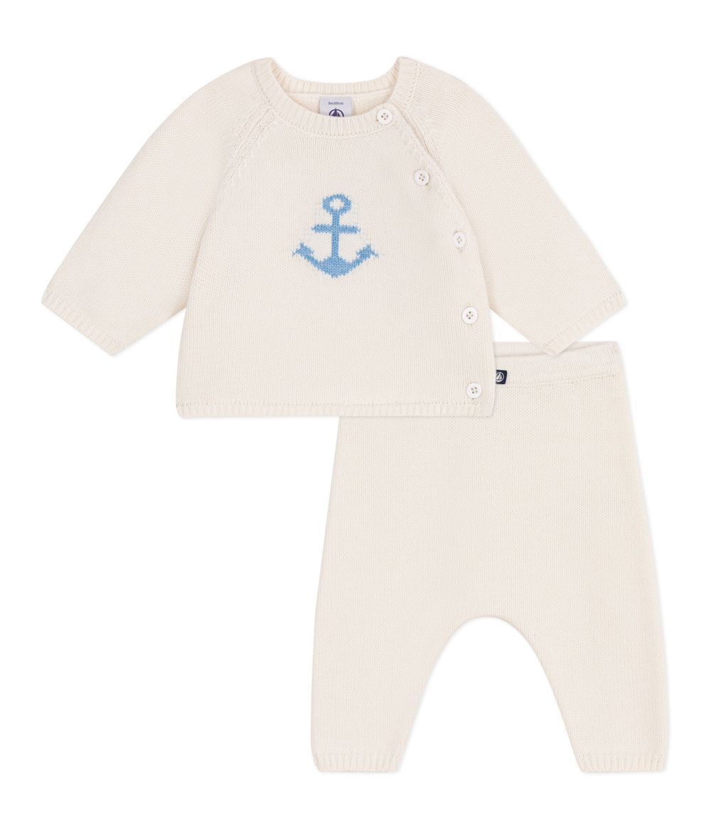 Petit Bateau - 2pc-Set - Babies' Knitted Cardigan & Trousers - Marshmallow White