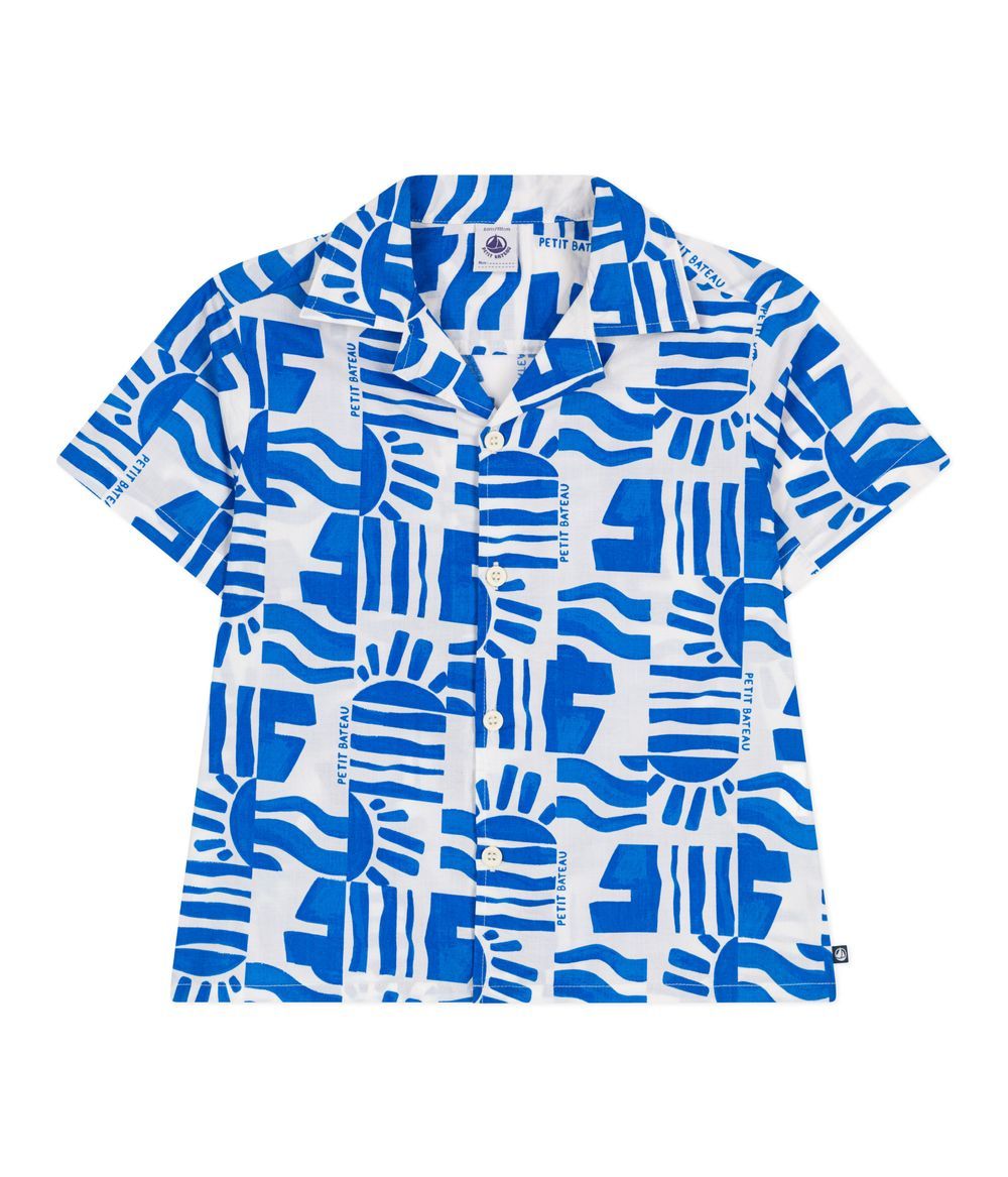 Petit Bateau - Boy's Short Sleeves Printed Shirt - Marshmallow Blue/Porcelana White