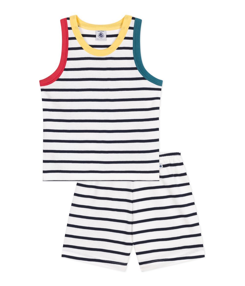 Petit Bateau - 2pc-Set - Kids Striped Top And Short - Marshmallow/Smoking White/Blue