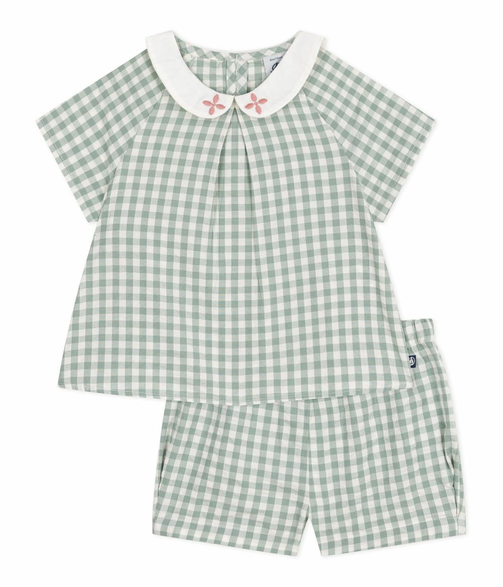 Petit Bateau - 2pc-Set - Gingham Baby Blouse And Shorts - Paul Green/Marshmallow White