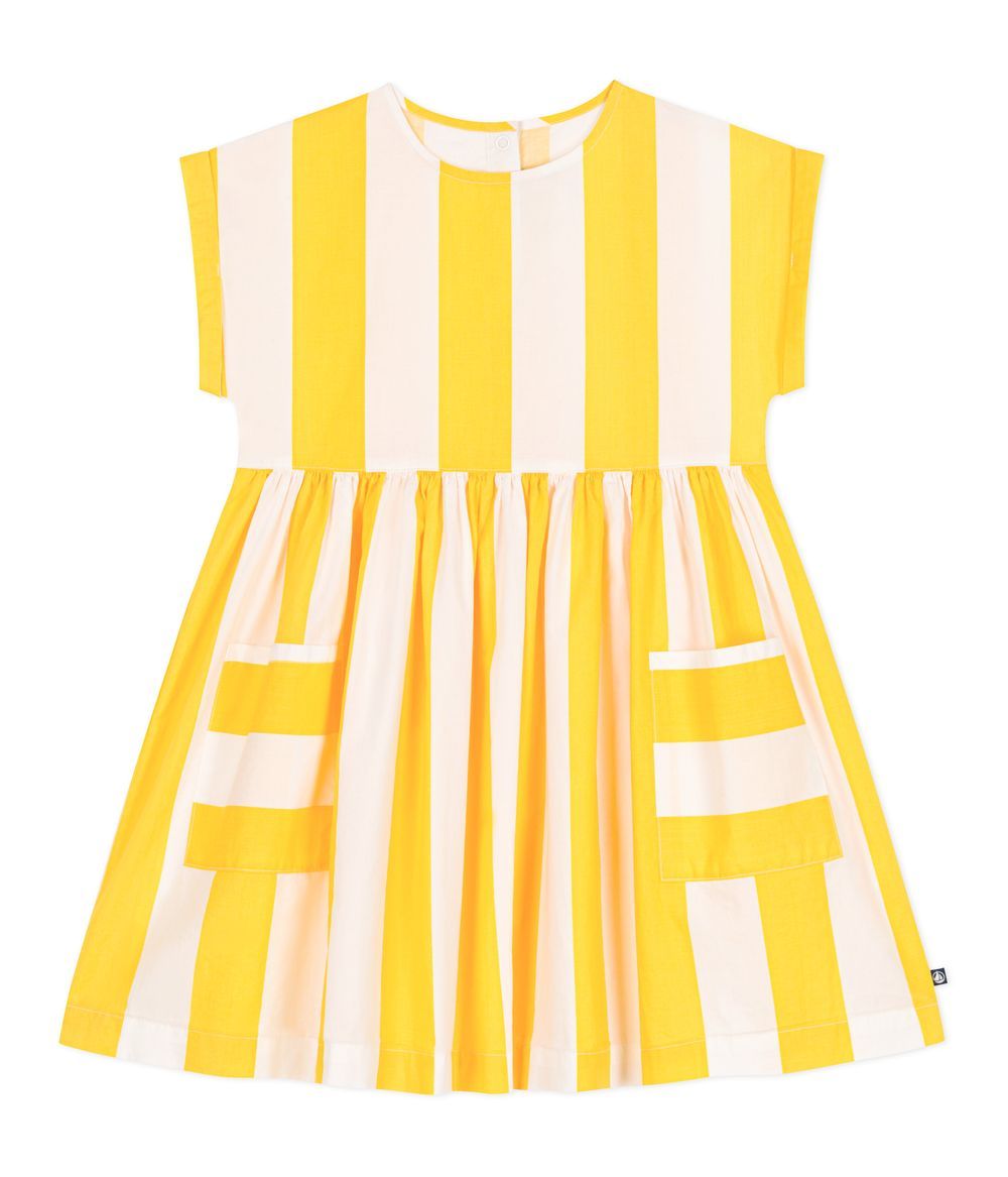 Petit Bateau - Girl's Striped Dress - Marshmallow White/Orge Yellow
