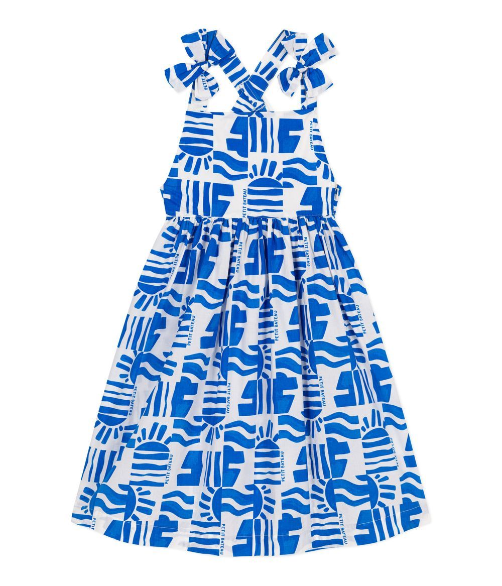 Petit Bateau - Girl's Printed Long Strappy Dress - Marshmallow Blue/Porcelana White