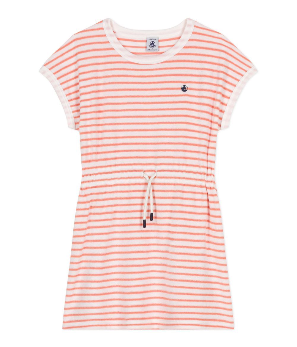 Petit Bateau - Girl's Stripy Towelling Dress - Marshmallow White/Apricot Orange