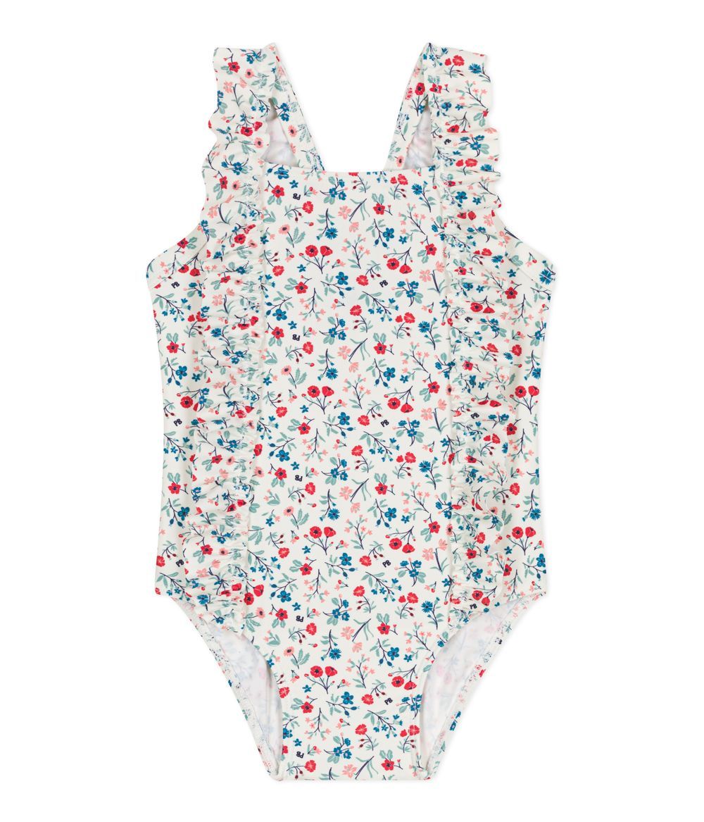 Petit Bateau - Babies' Floral Printed Swimsuit With Frills - Marshmallow White/Multicolor