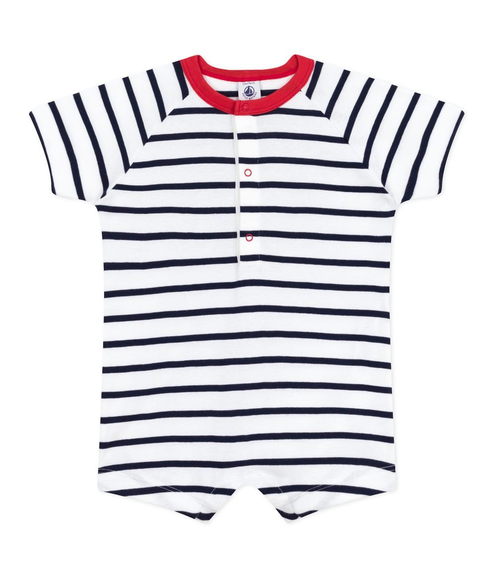 Petit Bateau - Baby Stripy Cotton Playsuit With A Contrast Collar - Marshmallow/Smoking White/Blue