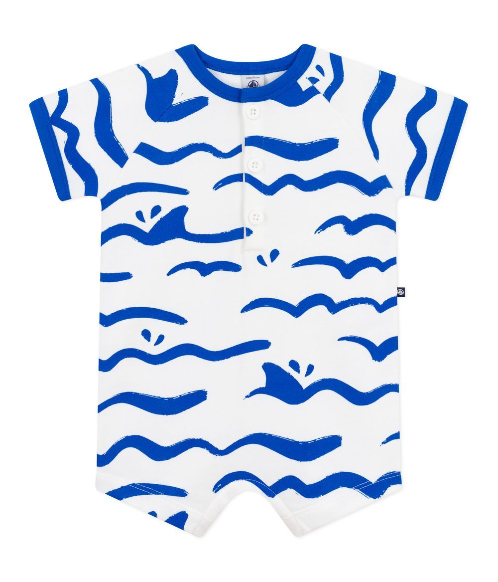 Petit Bateau - Babies' Short Sleeved Shark Print Cotton Playsuit