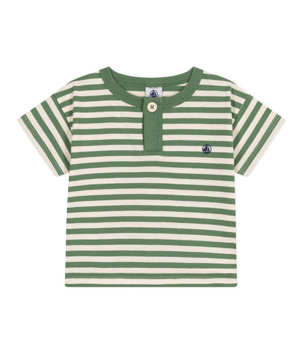 Petit Bateau - Babies' Short-Sleeved Stripy Cotton T-Shirt - Palmeraie/Avalanche Green