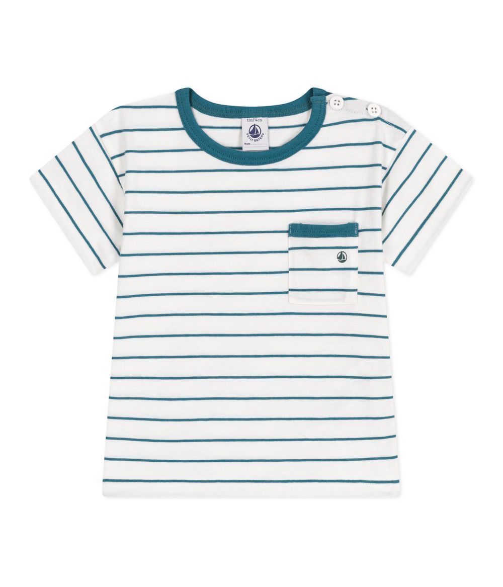 Petit Bateau - Babies' Short Sleeved Stripy Cotton T-Shirt - Marshmallow/Dragonfly White/Green