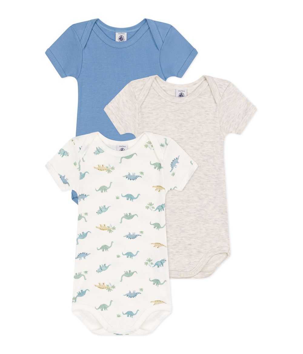 Petit Bateau - 3pc-Set - Short Sleeved Baby Printed Cotton Bodysuits - Blue/Grey/White