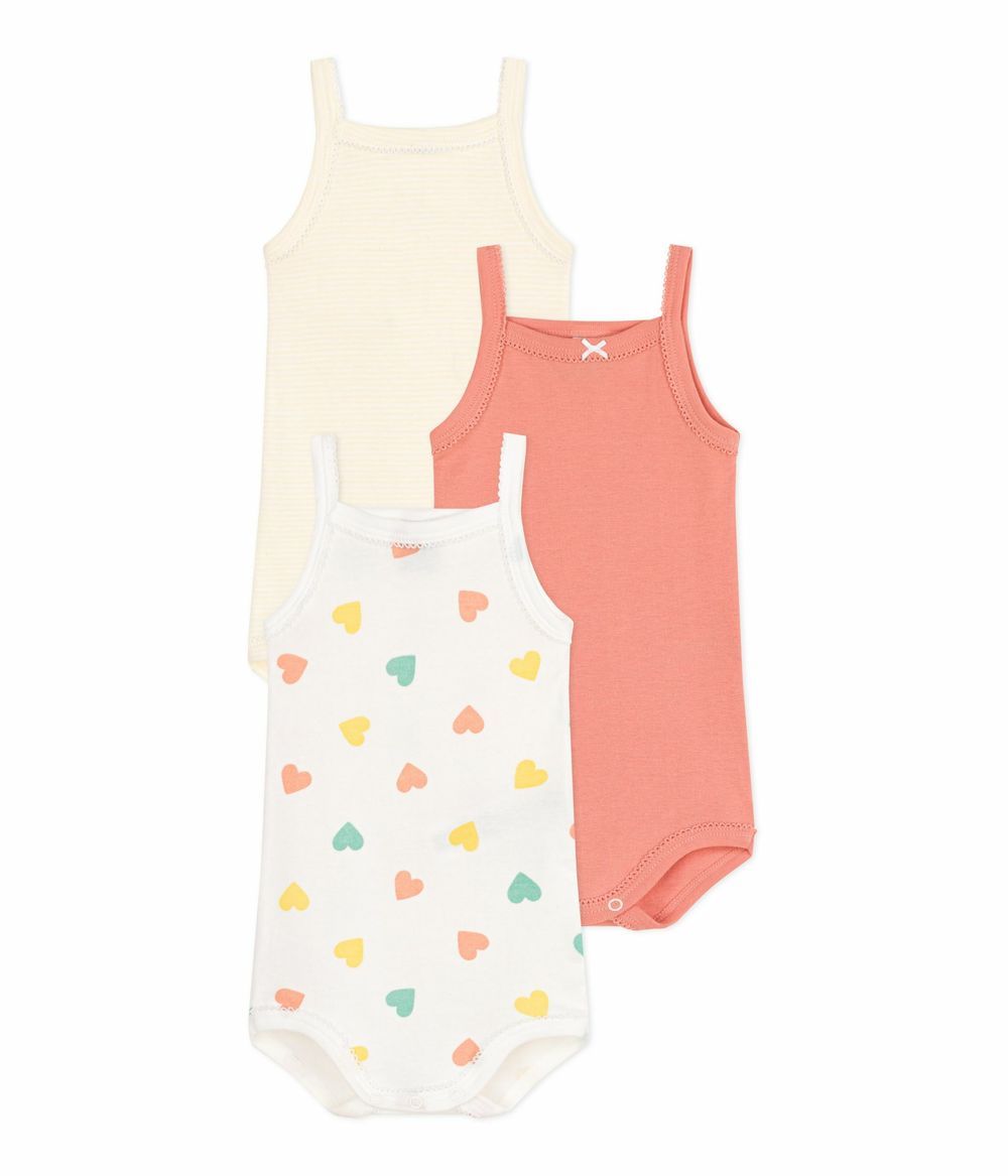 Petit Bateau - Baby Cotton Bodysuits With Straps And Hearts Pack Of 3