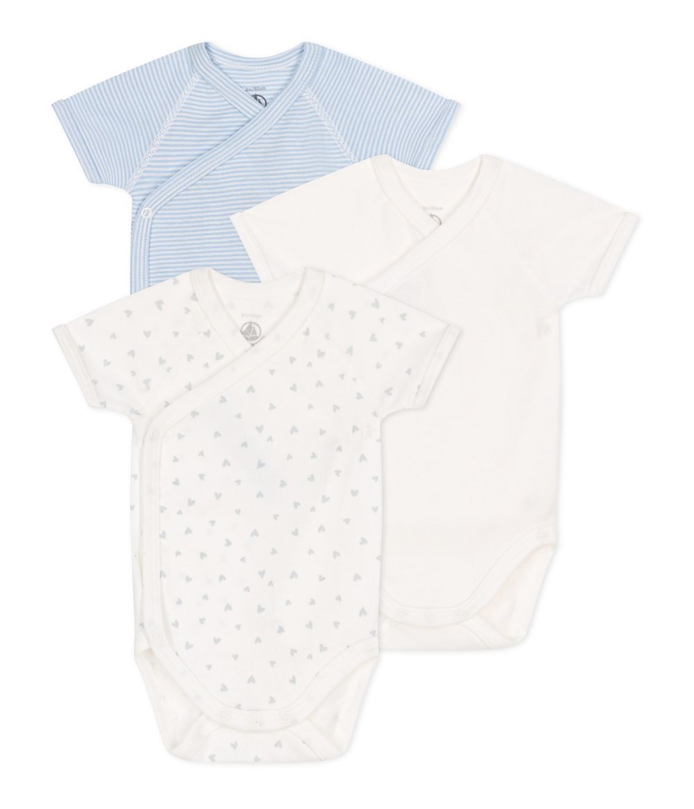 Petit Bateau - 3pc-Set - Babies' Printed Cotton Wrap Over Bodysuits - Blue/White
