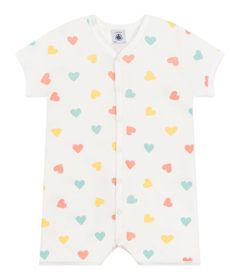 Petit Bateau - Hearts Printed Short Baby Jumpsuit - Marshmallow White