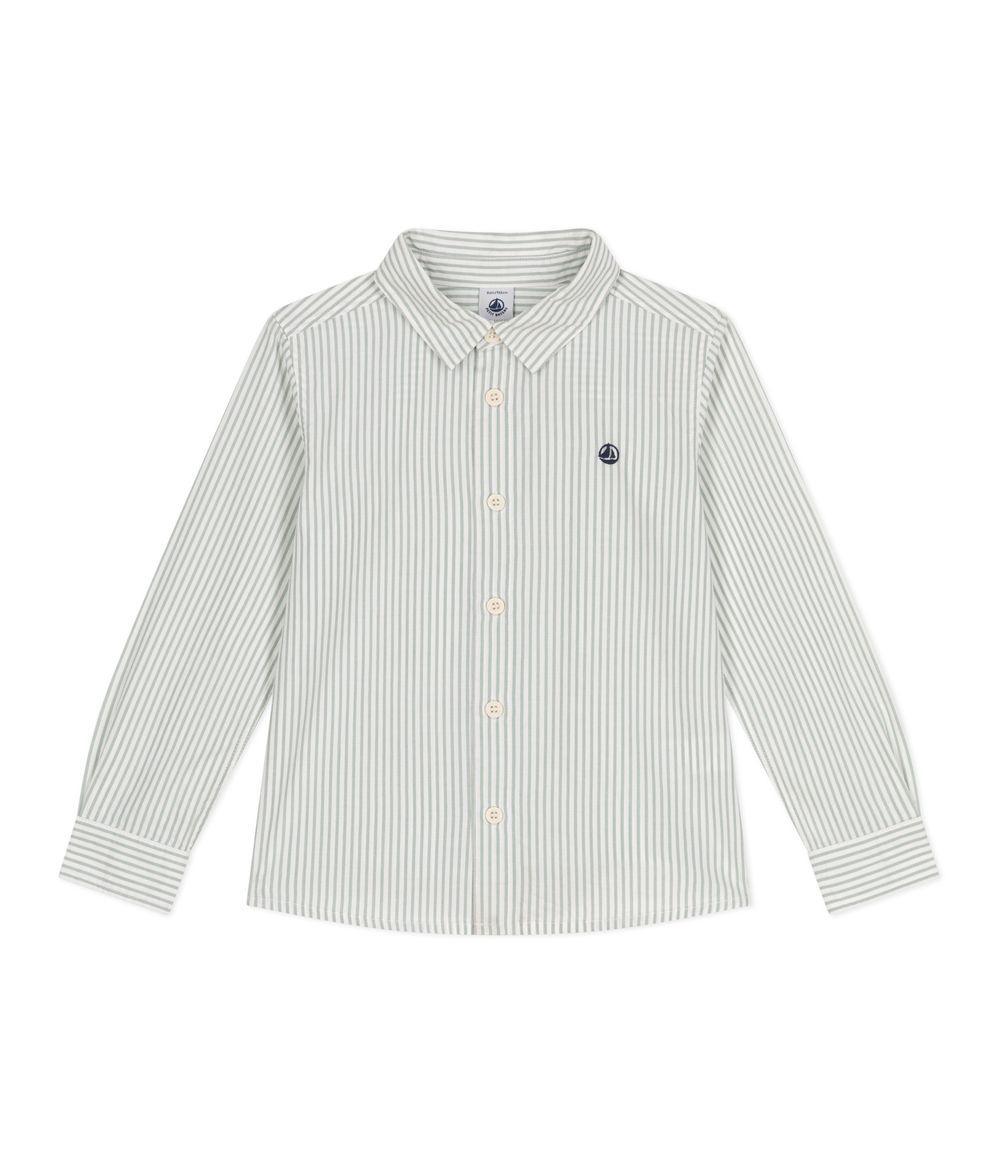 Petit Bateau - Boy's Long Sleeved Stripy Cotton Shirt - Paul/Ecume Green/White