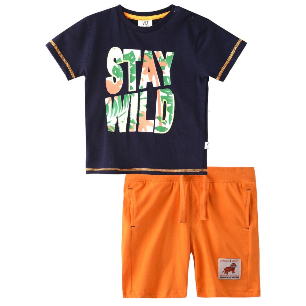 Victor and Jane - 2pc-Set - Baby Boy Stay Wild T-Shirt & Shorts Set - Navy/Orange