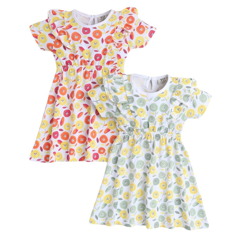Victor And Jane - All Over Floral Printed Ruffle Dress - Pink And Yellow - 2 Pcs
