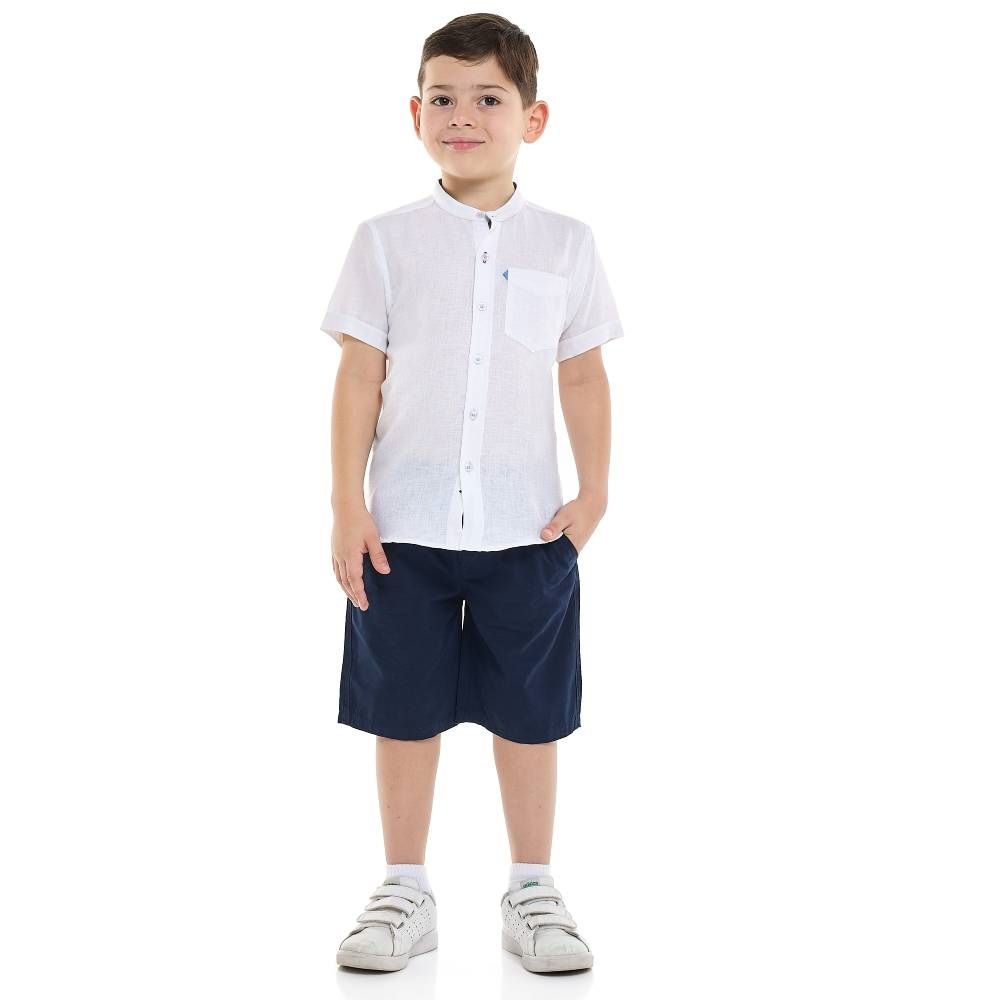Victor And Jane - 2pc-Set - Boy's Solid Short Sleeves Shirt & Shorts - White/Navy