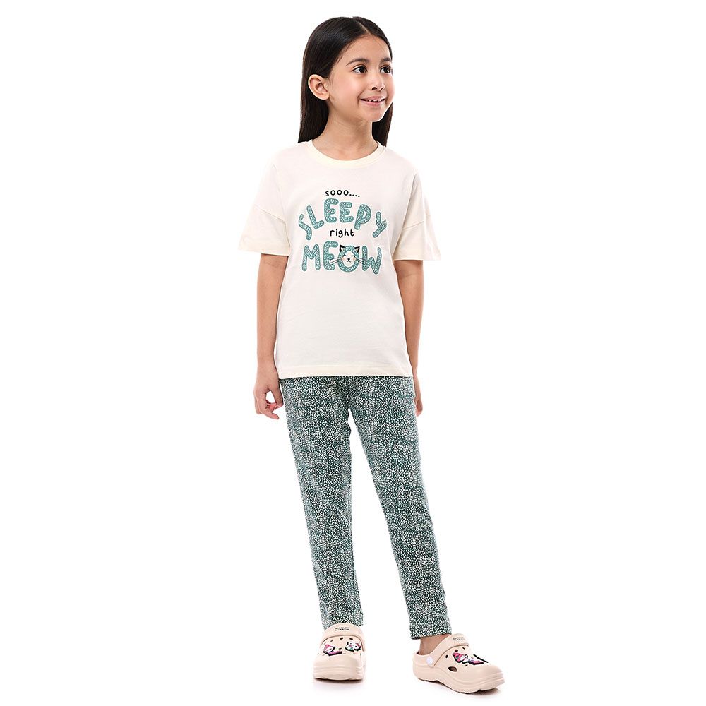 Victor And Jane - 2pc-Set - Girl's Cotton Pyjama Top And Pants - Green/White