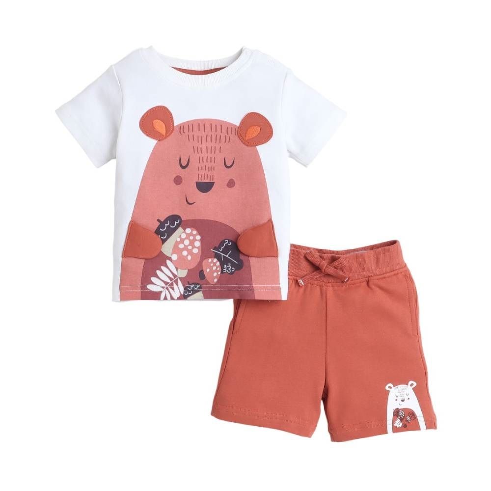 Victor And Jane - 2pc- Set - Boy's Cute Panda Printed T-Shirt And Shorts - Off-White/Rust
