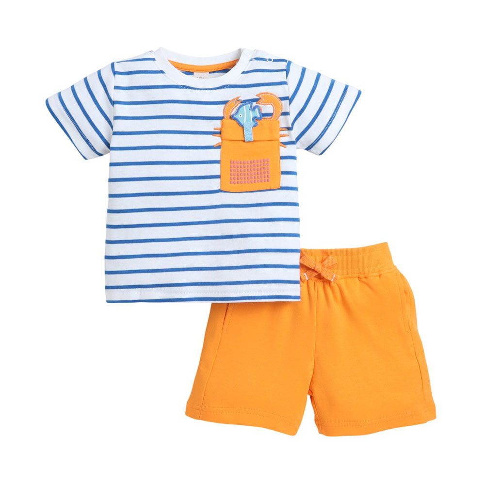 Victor And Jane - 2pc-Set - Boy's Stripes Tiger Printed T-Shirt And Shorts - Blue/Orange