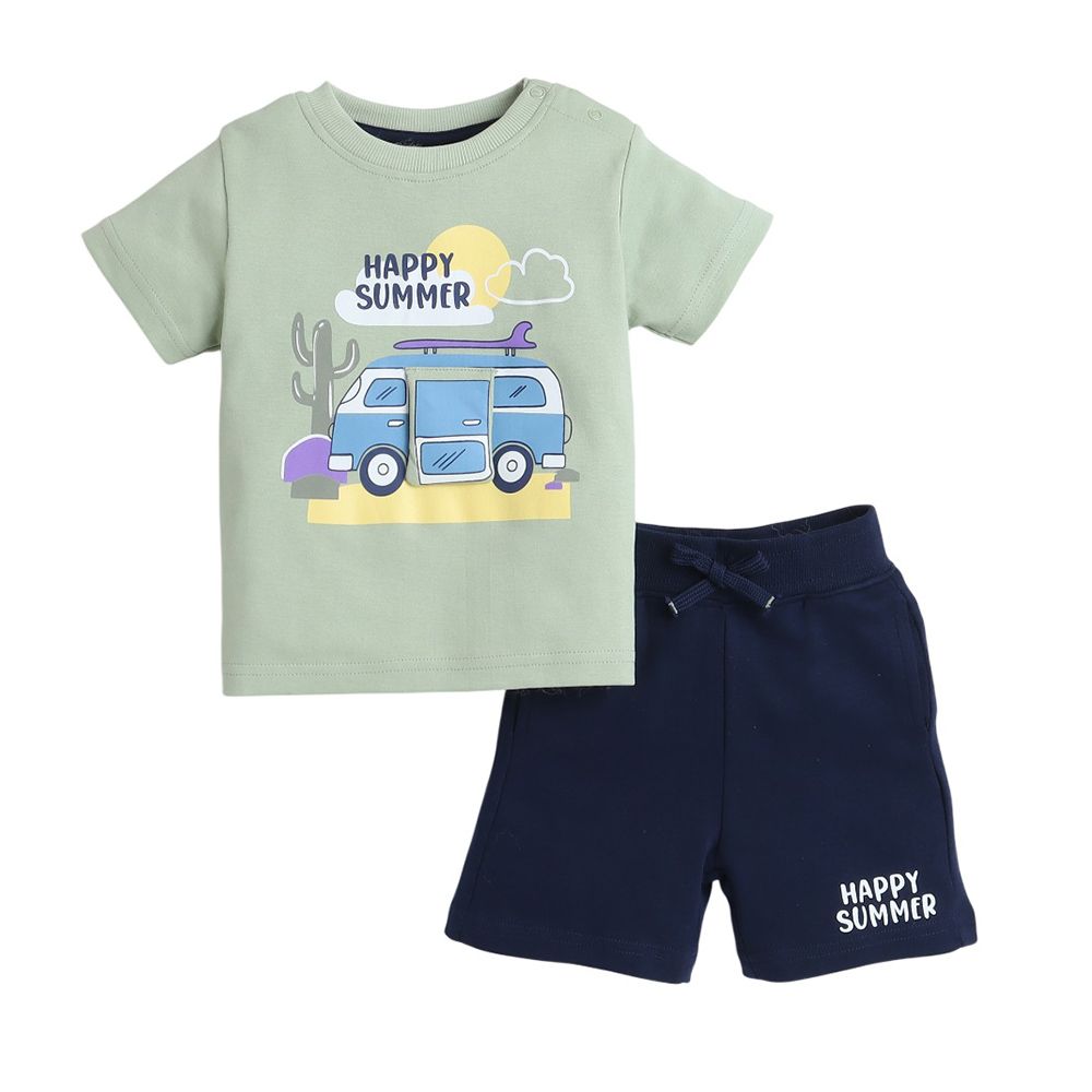 Victor And Jane - 2pc-Set - Boy's Bus Printed T-Shirt And Shorts - Green/Navy
