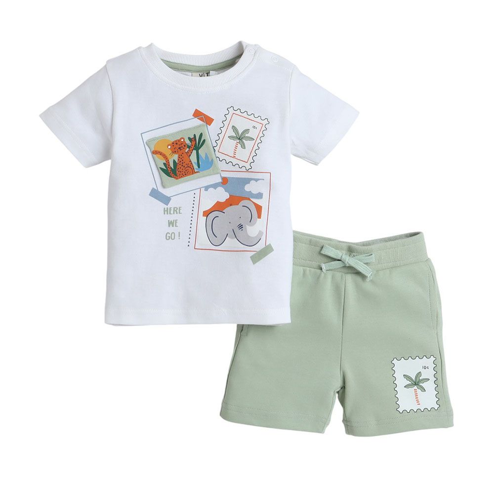 Victor And Jane - 2pc-Set - Boy's Summer Polaroids T-Shirt And Shorts - Off-White/Olive