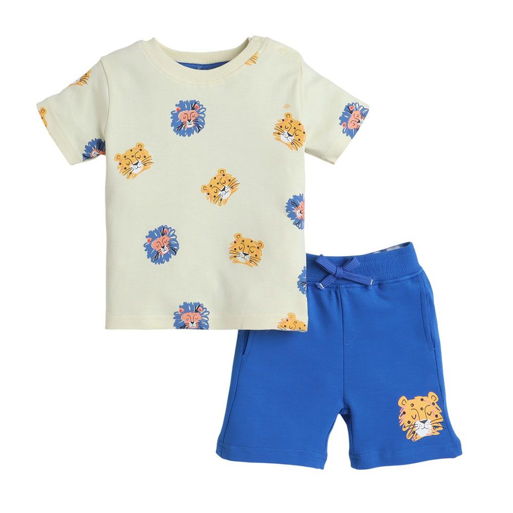 Victor And Jane - 2pc-Set - Boy's Tiger Printed T-Shirt And Shorts - White/Blue