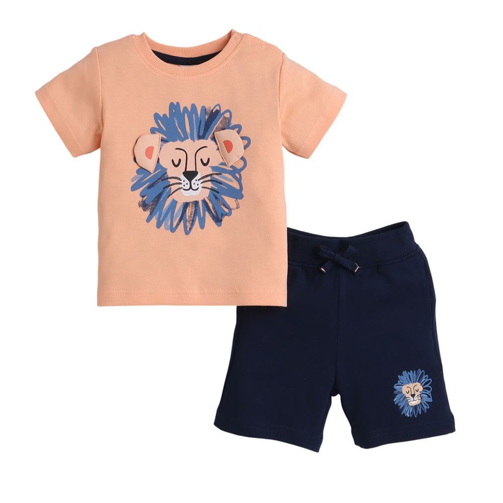 Victor And Jane - 2pc-Set - Boy's Tiger Printed T-Shirt And Shorts - Orange/Navy