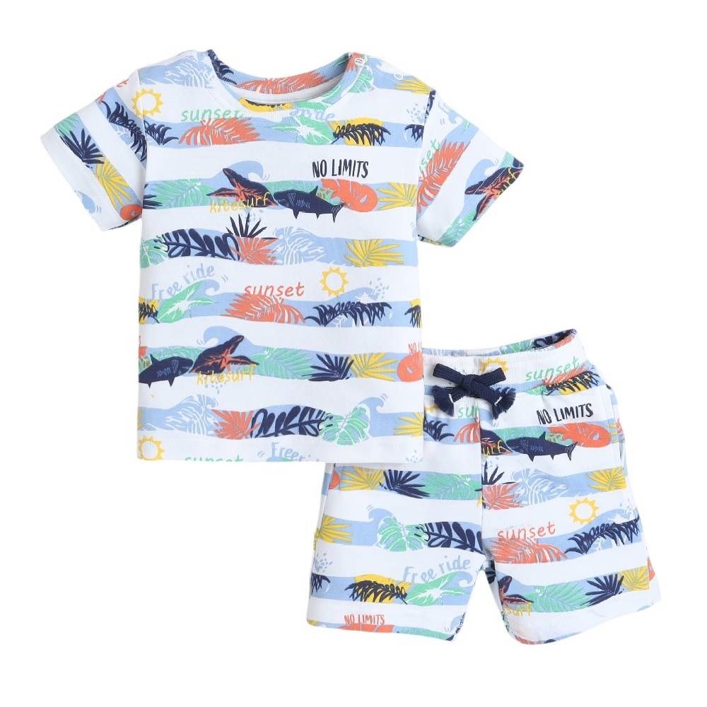 Victor And Jane - 2pc-Set - Boy's Shark Printed T-Shirt And Shorts - Multicolor