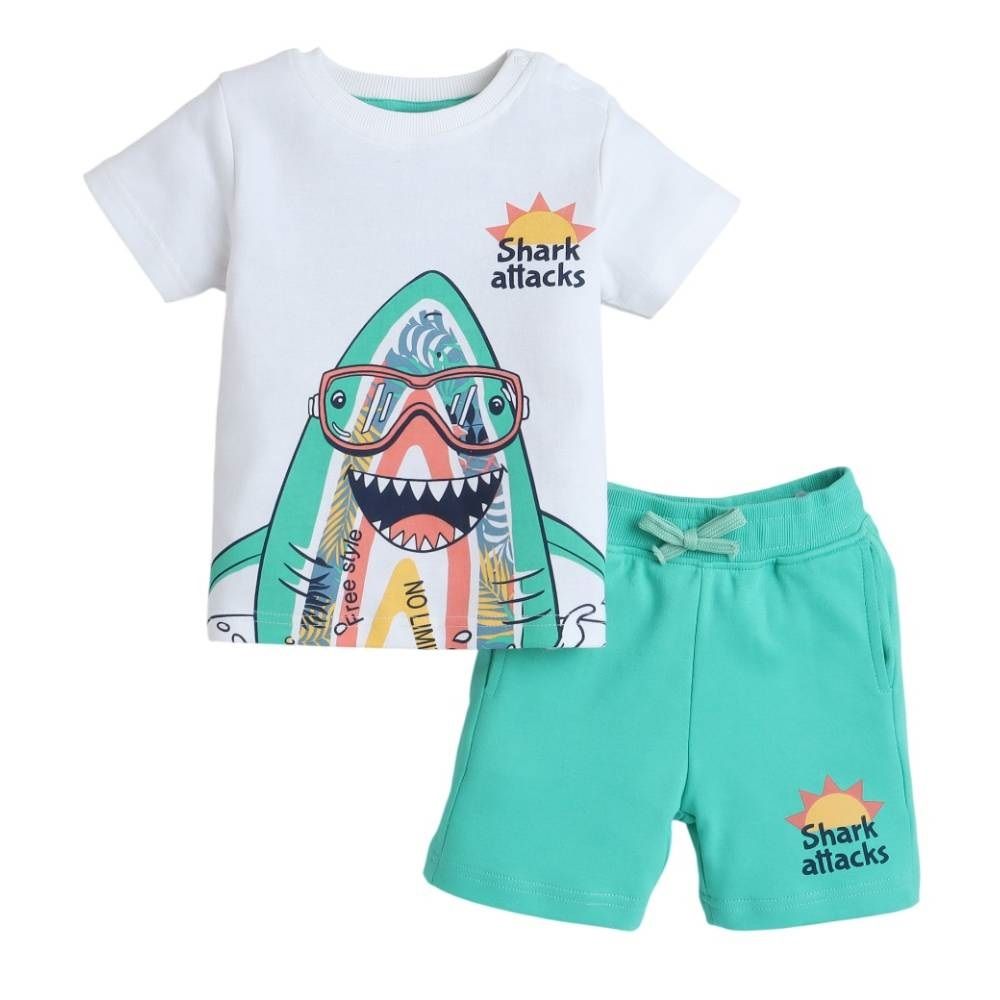 Victor And Jane - 2pc-Set - Boy's Shark Printed T-Shirt And Shorts - White/Green