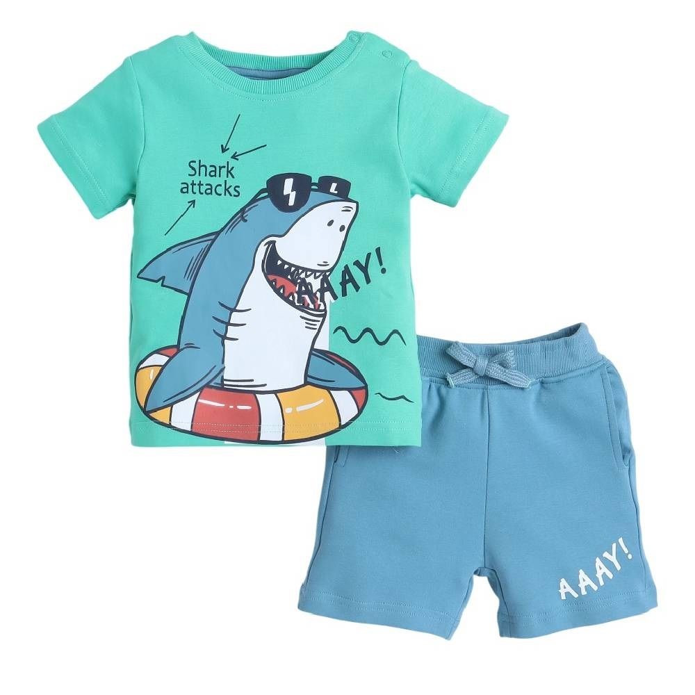 Victor And Jane - 2pc-Set - Boy's Shark Printed T-Shirt And Shorts - Green/Blue