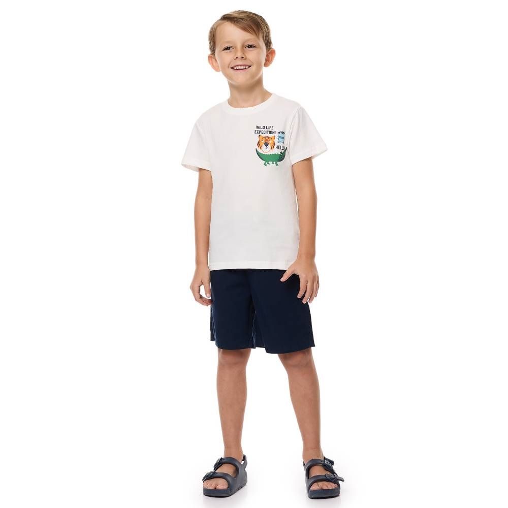 Victor And Jane - Cotton T-shirt And Pull-on Shorts Set With Elasticated Waist - Off-white/Navy