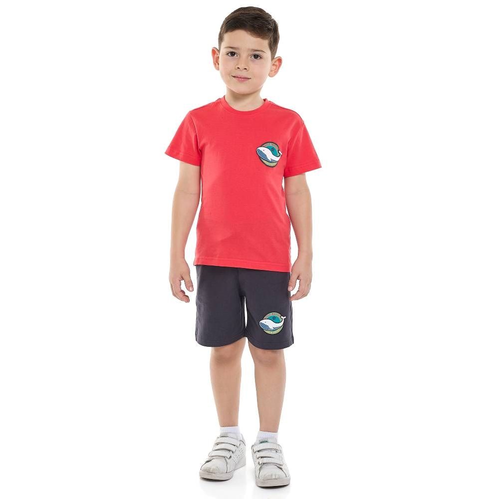 Victor And Jane - Printed T-shirt & Pull-on Shorts With Pockets - Coral & Dark Grey