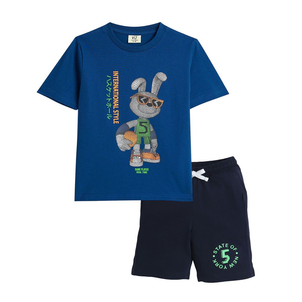 Victor And Jane - 2pc-Set - Boy's Cool Rabbit Printed T-Shirt & Shorts - Royal Blue