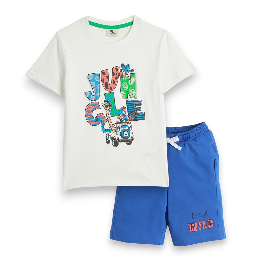 Victor And Jane - 2pc-Set - Boy's Jungle Safari Printed T-Shirt & Shorts - Off White/Blue